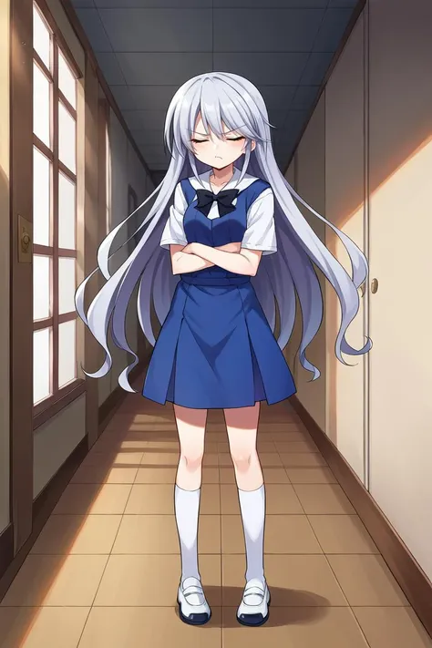 score_9, score_8_up, source_anime, 1girl, solo BREAK   <lora:KazukiPonyXL-000024:1> kazami kazuki, silver hair, long hair, school uniform, black bow, white kneehighs, closed eyes, pout, annoyed, head turned to the side, crossed arms, hallway