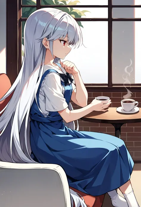 Kazuki, silver hair, long hair, red eyes, white shirt, blue dress, black bow, white sundress, white socks,solo, 
coffee, sitting, cafe, from side, detailed background, shadow,