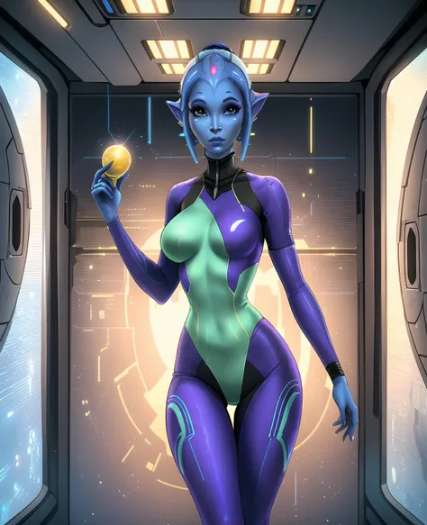 sexy alien (Twi'lek asari:1.2) woman standing near a spaceship, inside a space station, looking away, large breasts, narrow waist, makeup, (masterpiece:1.3), (best quality:1.25), [intricate detail], (high resolution:0.9), raytracing, cg, global illumination, sci-fi aesthetic, holding laser pistol, (alone), pointy ears