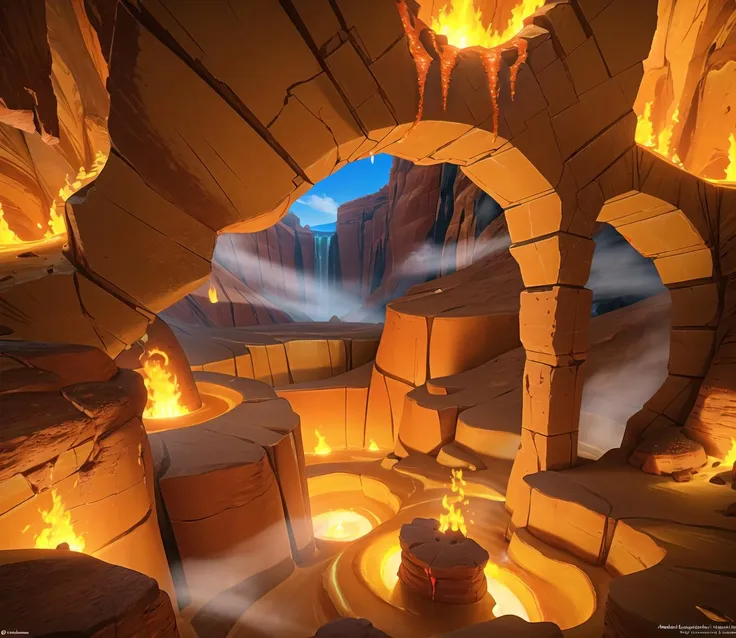 realistic, deep hell pit in the middle of the desert, sand falling into the crevice, glowing (lava) fall, sandstone arch, steam, (from above:0.5), caustics, (masterpiece:1.3), (best quality:1.25), [intricate detail], (high resolution:0.9), raytracing, cg, global illumination, breathtaking view, majestic, (ultra detailed)