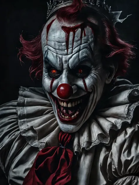 horror-themed cinematic photo breathtaking an old clown, detailed eyes, <lora:PAseer-SDXL-HorribleFace:0.8> horror, blood, smile, ghost <lora:maniacal_laughter:0.8> maniacal laughter <lora:monster:1> monster, masterpiece, award-winning, professional, highly detailed, 35mm photograph, film, professional, 4k, highly detailed, eerie, unsettling, dark, spooky, suspenseful, grim, highly detailed