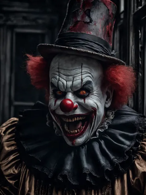horror-themed cinematic photo breathtaking an old clown, detailed eyes, <lora:PAseer-SDXL-HorribleFace:0.7> horror, blood, smile, ghost <lora:maniacal_laughter:0.7> maniacal laughter <lora:monster:0.8> monster, masterpiece, award-winning, professional, highly detailed, 35mm photograph, film, professional, 4k, highly detailed, eerie, unsettling, dark, spooky, suspenseful, grim, highly detailed