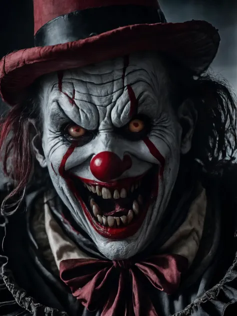 horror-themed cinematic photo breathtaking an old clown, <lora:PAseer-SDXL-HorribleFace:0.8> horror, blood, smile, ghost <lora:maniacal_laughter:0.8> maniacal laughter <lora:monster:1> monster, masterpiece, award-winning, professional, highly detailed, 35mm photograph, film, professional, 4k, highly detailed, eerie, unsettling, dark, spooky, suspenseful, grim, highly detailed