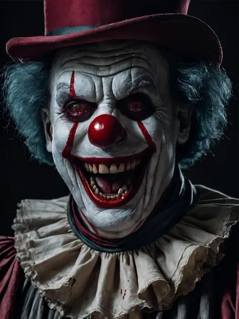 horror-themed cinematic photo breathtaking an old clown, detailed eyes, <lora:PAseer-SDXL-HorribleFace:0.7> horror, blood, smile, ghost <lora:maniacal_laughter:0.7> maniacal laughter <lora:monster:0.8> monster, masterpiece, award-winning, professional, highly detailed, 35mm photograph, film, professional, 4k, highly detailed, eerie, unsettling, dark, spooky, suspenseful, grim, highly detailed