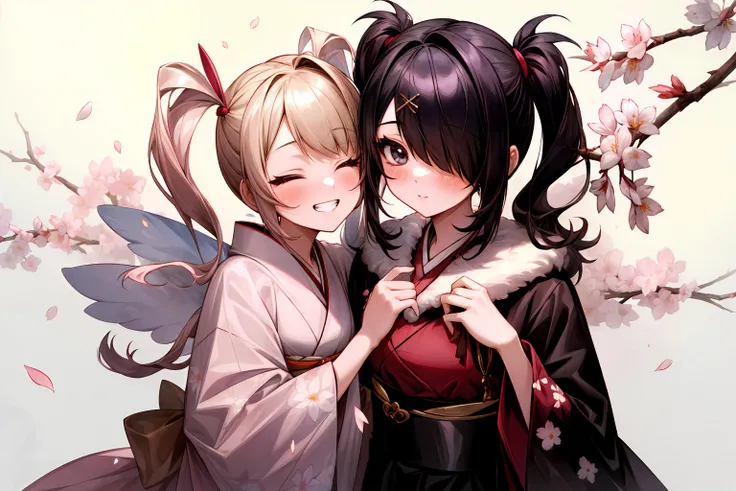 ((masterpiece,best quality)), 2girls, petals, cherry blossoms, simple background, selfie ADDCOMM
1girl, kangel, long kimono, long sleeves, fur trim, floral print, grin, closed eyes BREAK
1girl, amechan, hair over one eye, long kimono, long sleeves, fur trim, floral print, blush,