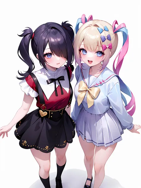 ((masterpiece,best quality)), 2girls, standing, simple background, from above ADDCOMM
1girl, amechan, hair over one eye BREAK
1girl, kangel, smile, open mouth, bare legs,