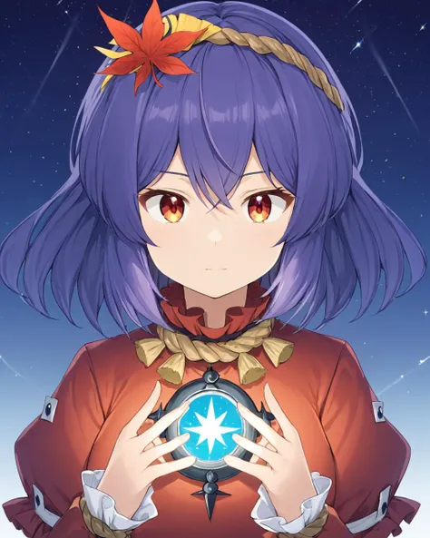 yasaka kanako,1girl, solo, white_background, mirror, looking_at_viewer, simple_background, upper_body, shimenawa, sparkle, own_hands_together, leaf_hair_ornament, long_sleeves, red_shirt, short_sleeves
<lora:yasaka_kanako_image2545_2023-12-20-000010:1>,star-shaped_pupils,symbol-shaped_pupils,. gorgeous,key visual, vibrant, studio anime,award-winning, professional, highly detailed,high budget, cinemascope