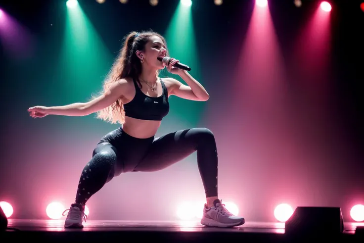 ...AngeleV2 woman wearing a neon color aerobic leggings )), cute, perfect face, beautiful face, (smile: 1.1), bang,( long hair: 1.1), layer hair, ultra detail hair, ultra detail face, fantasy pendant, fantasy earrings, sing on a microphone,(((on the concert stage at night))), indoor, dark room, strobe light, disco ball, neon light, detailed skin, (rich:1.4), dslr, soft lighting, high quality, film grain, Fujifilm XT3