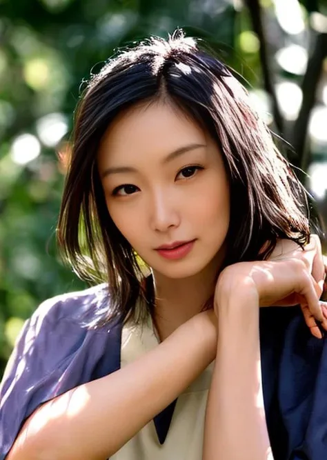 solo, asian woman, japanese actress, 1girl, blurry background, outdoors, blurry, sunny day, (((look at viewer))), tree, closed mouth, blonde hair, lips, realistic, masterpiece, best quality, sitting down, Nao Nagasawa, photoshoot, portrait, <lora:Nao Nagasawa v1.6:1>, medium black hair, forehead, blue clothing, ((matured woman, older woman))