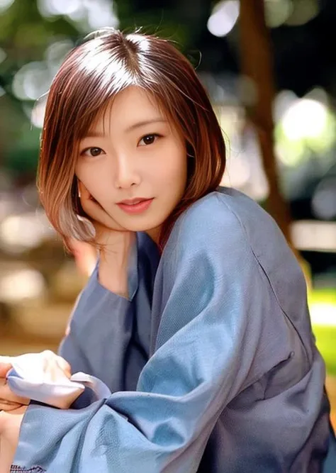 solo, asian woman, japanese actress, 1girl, blurry background, outdoors, blurry, sunny day, (((look at viewer))), tree, closed mouth, blonde hair, lips, realistic, masterpiece, best quality, sitting down, Nao Nagasawa, photoshoot, portrait, <lora:Nao Nagasawa v1.6:1>, medium black hair, forehead, blue clothing, ((matured woman, older woman))