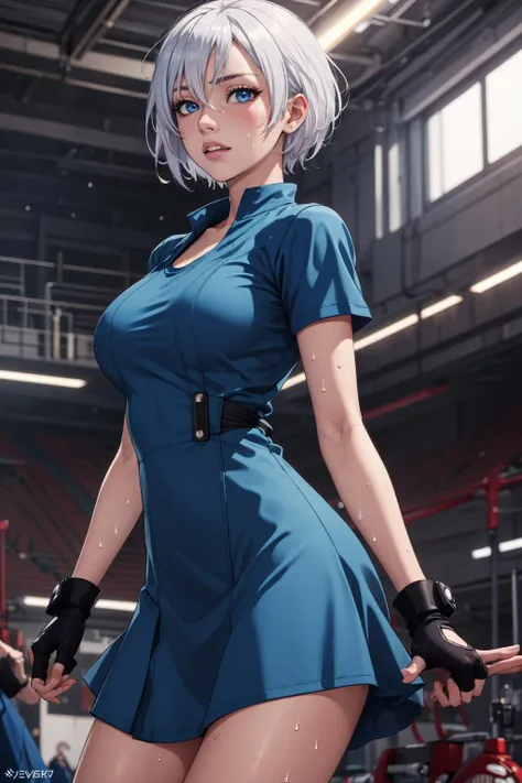 ((masterpiece)), (best quality), official art, extremely detailed CG, unity 8k wallpaper, ultra detailed, 
1girl, angel kof, blue eyes, short hair, white hair, hair over one eyes, large breasts, fingerless gloves,   <lora:angel kof by Goofy Ai:0.7>, clenched teeth, sweat, 
tennis dress, blue sportswear, <lora:tennis_dress-1.0:0.8>,