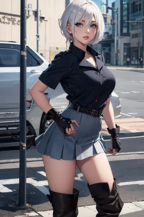 ((masterpiece)), (best quality), official art, extremely detailed CG, unity 8k wallpaper, ultra detailed, 
1girl, angel kof, blue eyes, short hair, white hair, hair over one eyes, large breasts, fingerless gloves,  boots, cowboy boots,  <lora:angel kof by Goofy Ai:0.7>, cropped jacket, leather jacket, 
1girl, (mathayom uniform), white shirt, short sleeves, (black pleated long skirt) , belt, <lora:mathayom22:0.8>, (miniskirt:1.3),