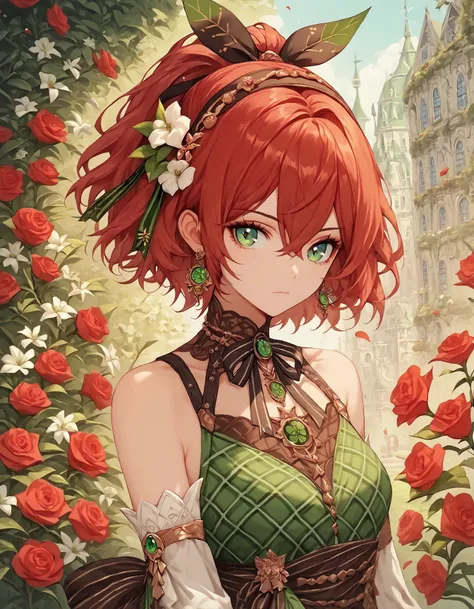 score_9, score_8_up, score_7_up, score_6_up, score_5_up, score_4_up, 1girl, solo, red hair, irish, short hair, looking at viewer, hair ornament, green eyes, dress, ribbon, hair between eyes, bare shoulders, jewelry, closed mouth, hair ribbon, upper body, ponytail, flower, sidelocks, hairband, earrings, detached sleeves, hair flower, rose, plaid dress, black ribbon, white flower, outdoors, Ireland, cottagecore, red flower, crossed bangs, four leaf clover, celtic theme