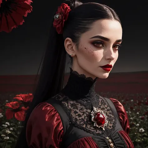 terrifying, Mysterious extraterrestrial lifeform, Fair Skin, Brunette with a high ponytail and sleek straight hair, red stain lipstick, tattered Victorian dress, cameo brooch, and black lace gloves, with a flower field in the background, <lora:epiNoiseoffset_v2Pynoise:2>