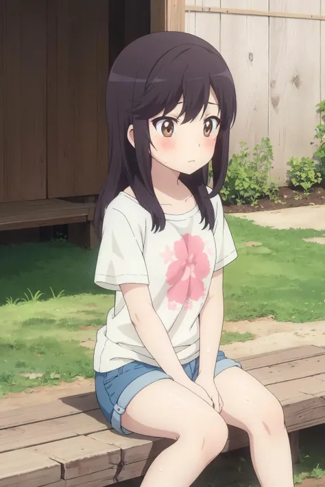 <lora:0 nonhotaru:1>,nonhotaru,in summer,t-shirt,shorts,blush,sweat,