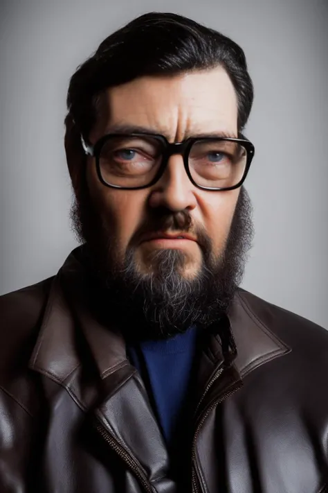 analog style, modelshoot style, portrait of sks man with grey beard and glasses and leather jacket by Flora Borsi, style by Flora Borsi, bold, bright colours, dark hair, ((Flora Borsi)) <lora:cortazar:1>