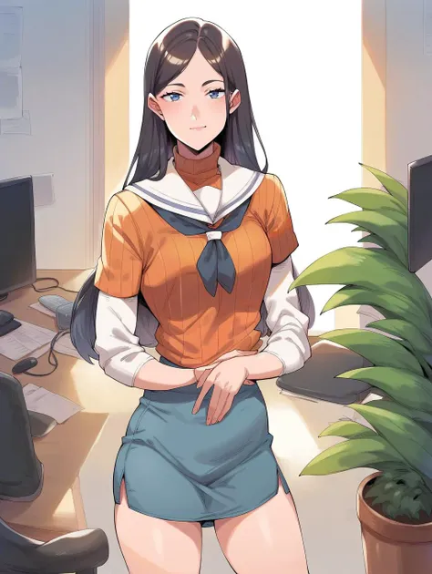 score_9, score_8_up, score_7_up, score_6_up, score_5_up, BREAK  <lora:TekuUlt_PonyXL:0.8> tekuult, 1girl, cowboy shot, standing, looking at viewer, turtleneck, sailor pants, BREAK office cubicle background,  day, noon,  computer, office chair, potted plant, file cabinet, indoors