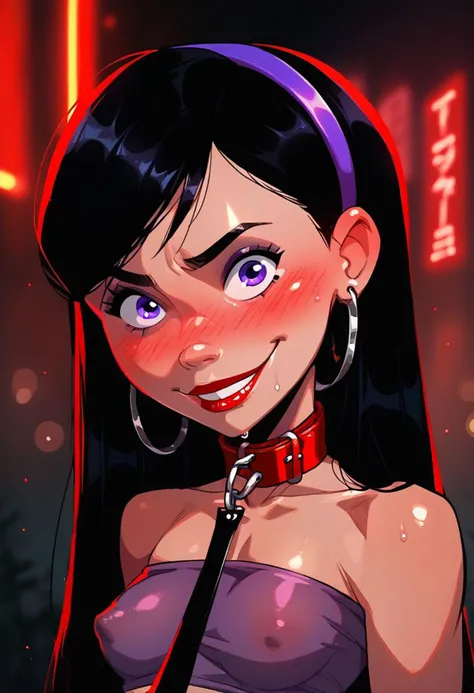 score_9, score_8_up, score_7_up, score_6_up, 1girl, 18 years old, source_cartoon, source_western, dramatic, cinematic, dramatic lighting, neon light, (red light), (blue rim light), low key, dimly lit, rating_explicit, violetparr, sexy seductive Violet Parr, focus on face, aroused, horny, lustful, red collar, red leash, holding leash, close-up, macro shot, lewd smile, raw, photo, bokeh effect, black hair, long hair, violet hairband, lewd look, playful, blush, [blue eyes:violet eyes:0,5], bare shoulders, over the shoulder, looking at viewer, parted lips, red lipstick, earrings, petite girl, light pink tube top, covered nipples, small breasts, submissive slut, adorable girl, sweaty, (shiny skin), makeup, eyeshadow, skindentation, tekuult, 43stl1ght1ng, g0thicPXL, glowing, (volumetric lighting), light particles, (subsurface scattering), highly detailed, back alley, neon sign, smoke