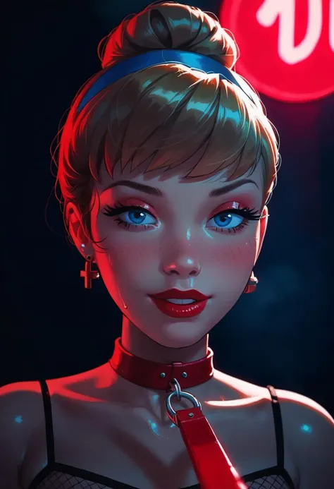 score_9, score_8_up, score_7_up, score_6_up, 1girl, 18 years old, source_cartoon, source_western, dramatic, cinematic, dramatic lighting, neon light, (red light), (blue rim light), low key, dimly lit, rating_explicit, CinderellaXLP, photo of sexy seductive Disney princess Cinderella kneeling, focus on face, aroused, horny, lustful, red collar, red leash, holding leash, POV, dutch angle, lewd smile, raw photo, bokeh effect, blonde hair, hair bun, blue hairband, lewd look, playful, blush, blue eyes, bare shoulders, over the shoulder, looking at viewer, parted lips, red lipstick, petite girl, fishnet tube top, cross pasties, covered nipples, small breasts, submissive slut, adorable princess, earrings, jewelry, sweaty, (shiny skin), makeup, eyeshadow, skindentation, tekuult, 43stl1ght1ng, g0thicPXL, glowing, neon, (volumetric lighting), light particles, (subsurface scattering), highly detailed, back alley, neon sign, smoke, vivid, realism pushed to extreme, shallow depth of field, 3d Disney style, dark figure in the background