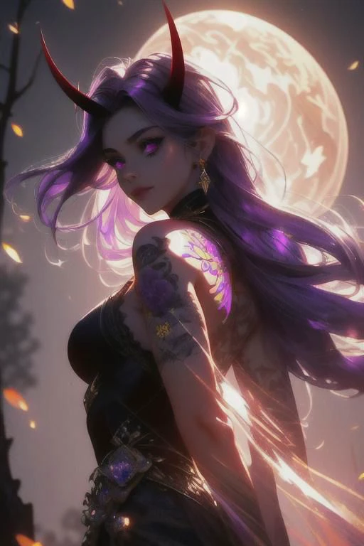 high quality. masterpiece, 8k, street, tree, road, tree canopy, upper body, face focus, 1girl, arrogant, mei, horns, long hair, (purple eyes:1.1), purple Amethyst hair, evil smile, big grin, golden red copper sliver tattoo black leggings, Amethyst laced glow tattoo black bodystockings, lace fractal red and golden glow enhanced skeleton Amethyst black tattoo bodysuit, red flower tattoo, long glow hair, glow golden earrings, red eyes, white face, tattoo mark mask tattoo, arrogant, she is standing, sunlit, weak lights and shadow, tree canopy, street, red flowers, evergreen, face focus,