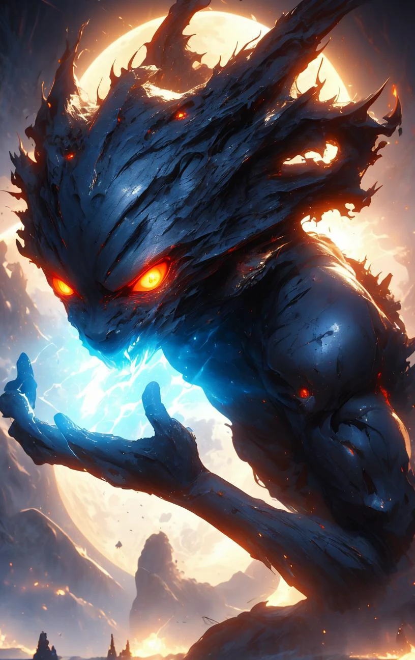 A dynamic Medium Close Up of iblis, wolfish humanoid, human, bipedal, glowing eyes, enlarged fangs, powerful, lunar influences, scifi, tech, that mystic, hydrokinesis