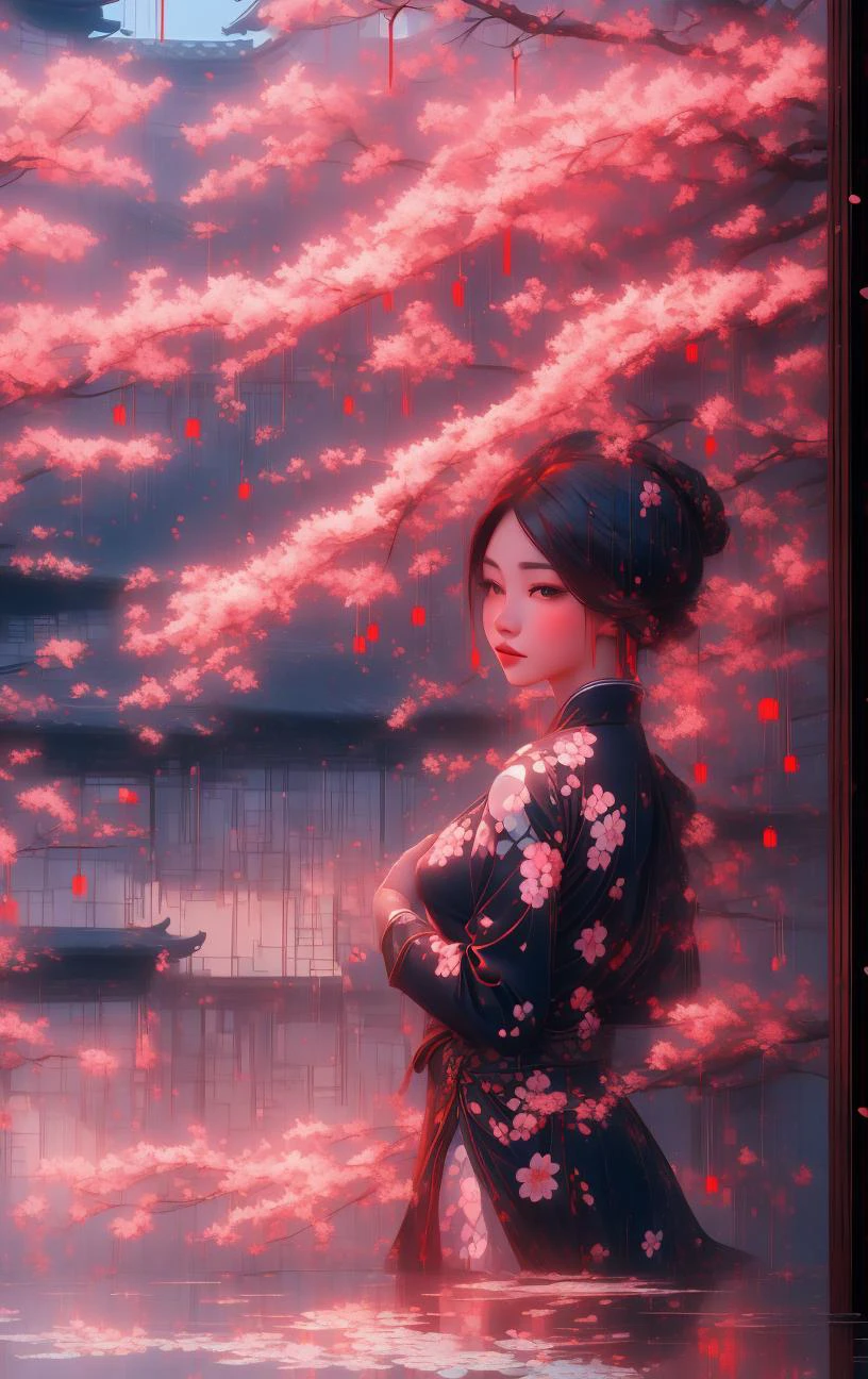 masterpiece, best quality, 8k, 1girl, upper body, cherry blossoms, east asian architecture, petals, potted plant, reflection, red flower, water, chinese clothes, wide shot, autumn leaves <lora:indoor_20230827164629:1>