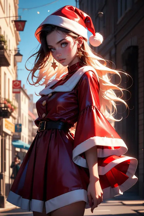 Ultra-realistic capture,  Highly detailed, . Skin texture must be natural, Take a photo wearing a Santa Claus costume, Red dress and hat,  wearing red dress, Upper arms exposed,  full body