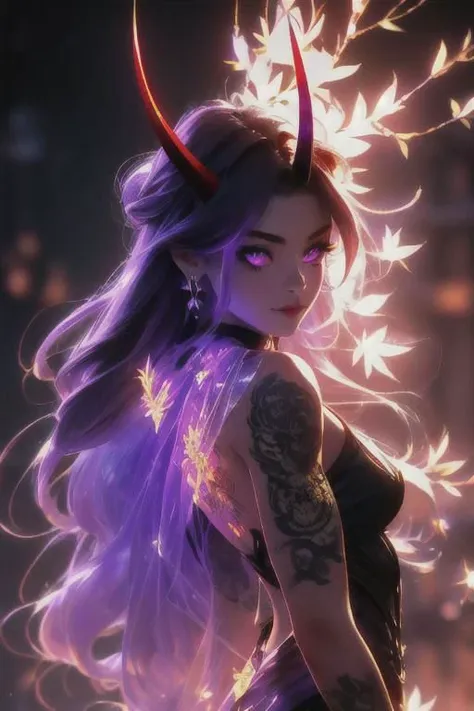 high quality. masterpiece, 8k, street, tree, road, tree canopy, upper body, face focus, 1girl, arrogant, mei, horns, long hair, (purple eyes:1.1), purple Amethyst hair, evil smile, big grin, golden red copper sliver tattoo black leggings, Amethyst laced glow tattoo black bodystockings, lace fractal red and golden glow enhanced skeleton Amethyst black tattoo bodysuit, red flower tattoo, long glow hair, glow golden earrings, red eyes, white face, tattoo mark mask tattoo, arrogant, she is standing, sunlit, weak lights and shadow, tree canopy, street, red flowers, evergreen, face focus,