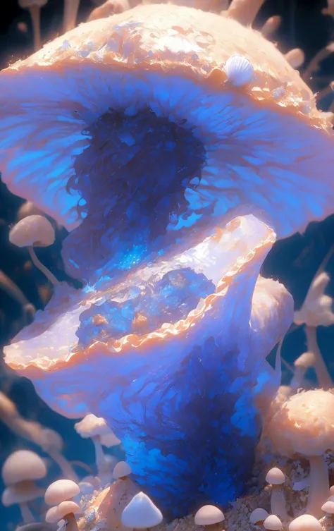 isometric style, vibrant, beautiful, crisp, detailed, ultra detailed, intricate BREAK rose minute shell-shaped rough mushroom, matted, silky, nutrient sharing, swell, fasciculate, glistening, cobalt blue gills with pleurocystidia, universal veil,,granulated volva pyrrole red gradually tapering to a truncate base, medicinal applications, }