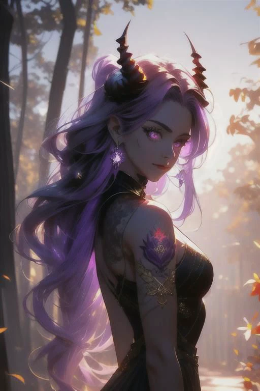 high quality. masterpiece, 8k, street, tree, road, tree canopy, upper body, face focus, 1girl, arrogant, mei, horns, long hair, (purple eyes:1.1), purple Amethyst hair, evil smile, big grin, golden red copper sliver tattoo black leggings, Amethyst laced glow tattoo black bodystockings, lace fractal red and golden glow enhanced skeleton Amethyst black tattoo bodysuit, red flower tattoo, long glow hair, glow golden earrings, red eyes, white face, tattoo mark mask tattoo, arrogant, she is standing, sunlit, weak lights and shadow, tree canopy, street, red flowers, evergreen, face focus,