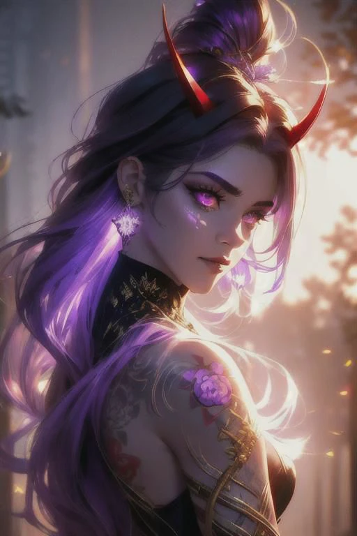 high quality. masterpiece, 8k, street, tree, road, tree canopy, upper body, face focus, 1girl, arrogant, mei, horns, long hair, (purple eyes:1.1), purple Amethyst hair, evil smile, big grin, golden red copper sliver tattoo black leggings, Amethyst laced glow tattoo black bodystockings, lace fractal red and golden glow enhanced skeleton Amethyst black tattoo bodysuit, red flower tattoo, long glow hair, glow golden earrings, red eyes, white face, tattoo mark mask tattoo, arrogant, she is standing, sunlit, weak lights and shadow, tree canopy, street, red flowers, evergreen, face focus,