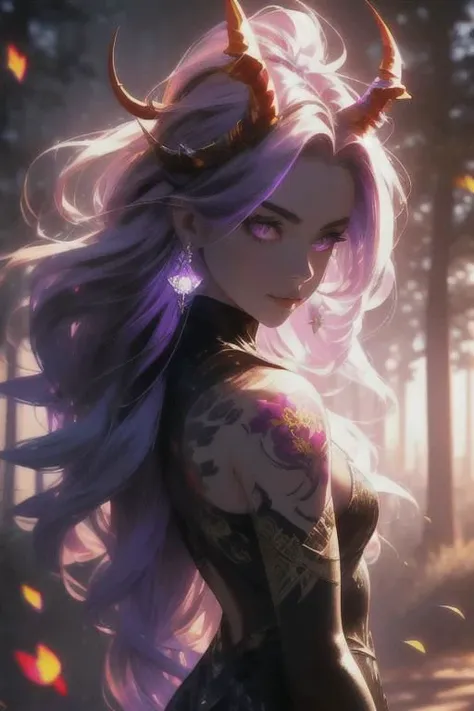 high quality. masterpiece, 8k, street, tree, road, tree canopy, upper body, face focus, 1girl, arrogant, mei, horns, long hair, (purple eyes:1.1), purple Amethyst hair, evil smile, big grin, golden red copper sliver tattoo black leggings, Amethyst laced glow tattoo black bodystockings, lace fractal red and golden glow enhanced skeleton Amethyst black tattoo bodysuit, red flower tattoo, long glow hair, glow golden earrings, red eyes, white face, tattoo mark mask tattoo, arrogant, she is standing, sunlit, weak lights and shadow, tree canopy, street, red flowers, evergreen, face focus,