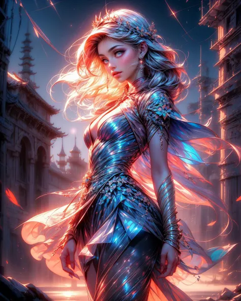 best quality,highres,1girl,solo,iridescent eyes,glowing hair,(earrings:1.3),jewelry,blurry background,two-tone hair,(gradient hair:1.2),lipstick,(eyeliner:0.5),light_blush,cleavage_cutout,(busty:1.2),large_breasts, bursting_breasts, bokeh,medium view,medium shot,selfie,
<lora:hyperdetailer_v095:0.5>,edgQuality,<lora:add_detail:0.5>,<lora:GoodHands-beta2:1>,nice hands,perfect hands,, Hanfu for Men (Traditional Chinese clothing for men),
embroidered,
Desert Adventure: Utility jumpsuit, hiking boots, and wide-brimmed hat.,
Zero-waist panty and bra set,
Princess crowns adorned with gemstones,
Virtual reality interactive scarf with gesture control,
Long and flowing, made of black chiffon,, Dreamy underwater world with colorful coral reefs and tropical fish,Timeless celestial bird sanctuary with magical bird species.,Futuristic industrial complex with robotic workers and advanced machinery.