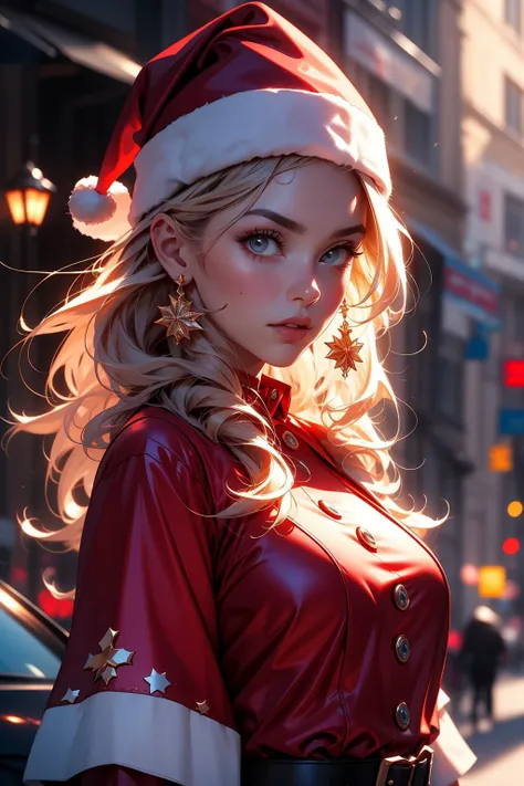 Ultra-realistic capture,  Highly detailed, . Skin texture must be natural, Take a photo wearing a Santa Claus costume, Red dress and hat,  wearing red dress, Upper arms exposed