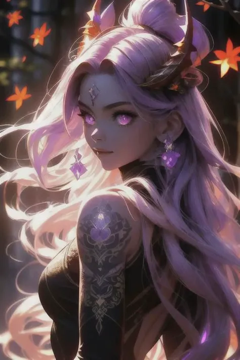 high quality. masterpiece, 8k, street, tree, road, tree canopy, upper body, face focus, 1girl, arrogant, mei, horns, long hair, (purple eyes:1.1), purple Amethyst hair, evil smile, big grin, golden red copper sliver tattoo black leggings, Amethyst laced glow tattoo black bodystockings, lace fractal red and golden glow enhanced skeleton Amethyst black tattoo bodysuit, red flower tattoo, long glow hair, glow golden earrings, red eyes, white face, tattoo mark mask tattoo, arrogant, she is standing, sunlit, weak lights and shadow, tree canopy, street, red flowers, evergreen, face focus,