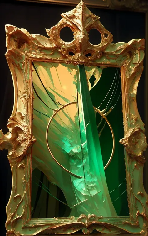 a dark green ornate frame with glass and metal elements, in the style of mysterious backdrops, macabre, otherworldly aberrations, flickr, layered organic forms, rococo, matte photo