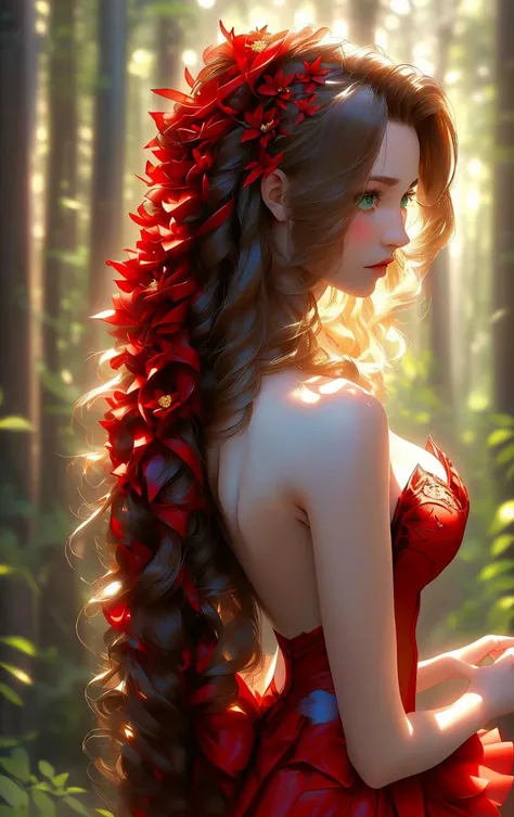 A ((Close Up of aerith gainsborough very long hair, hair ribbons, hair flowers, strapless red dress, high heels <lora:aerith-nvwls-v1:0.9>)) (that's disgust), ((look away from the camera)), forest as background