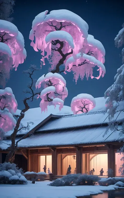 CGphotobuilding bsw, Wide Shot of an data centers, rubber roofing roof,sandstone,wood, led outdoor lights,reflective moonlight on snow, laser lights, orchid around it <lora:CGphotobuilding bsw_20230809222656:1>