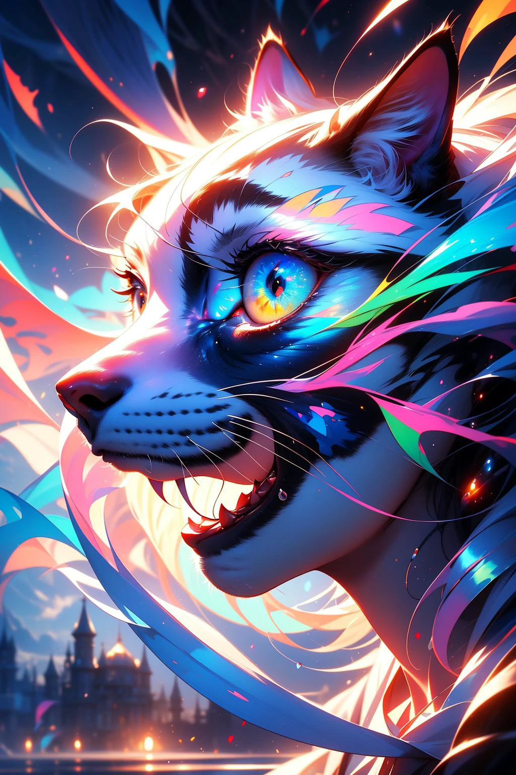 A colorful world, (in the shape of a cat), (a cat), DreamlikeArt, Painting, Vibrant colors, surreal scenery, Abstract shapes, Fantastic landscape, Vivid imagination, Playful brushstrokes, Whimsical elements, Ethereal beauty, A kaleidoscope of shades, Happy brushstrokes, vibrant paint palette, Dreamlike atmosphere. (Best quality, 4K, 8K, A high resolution, Masterpiece:1.2), Ultra-detailed, (Realistic, Photorealistic, photo-realistic:1.37), hdr, hyper HD, Studio lighting.,<lora:EMS-1093-EMS:0.100000>