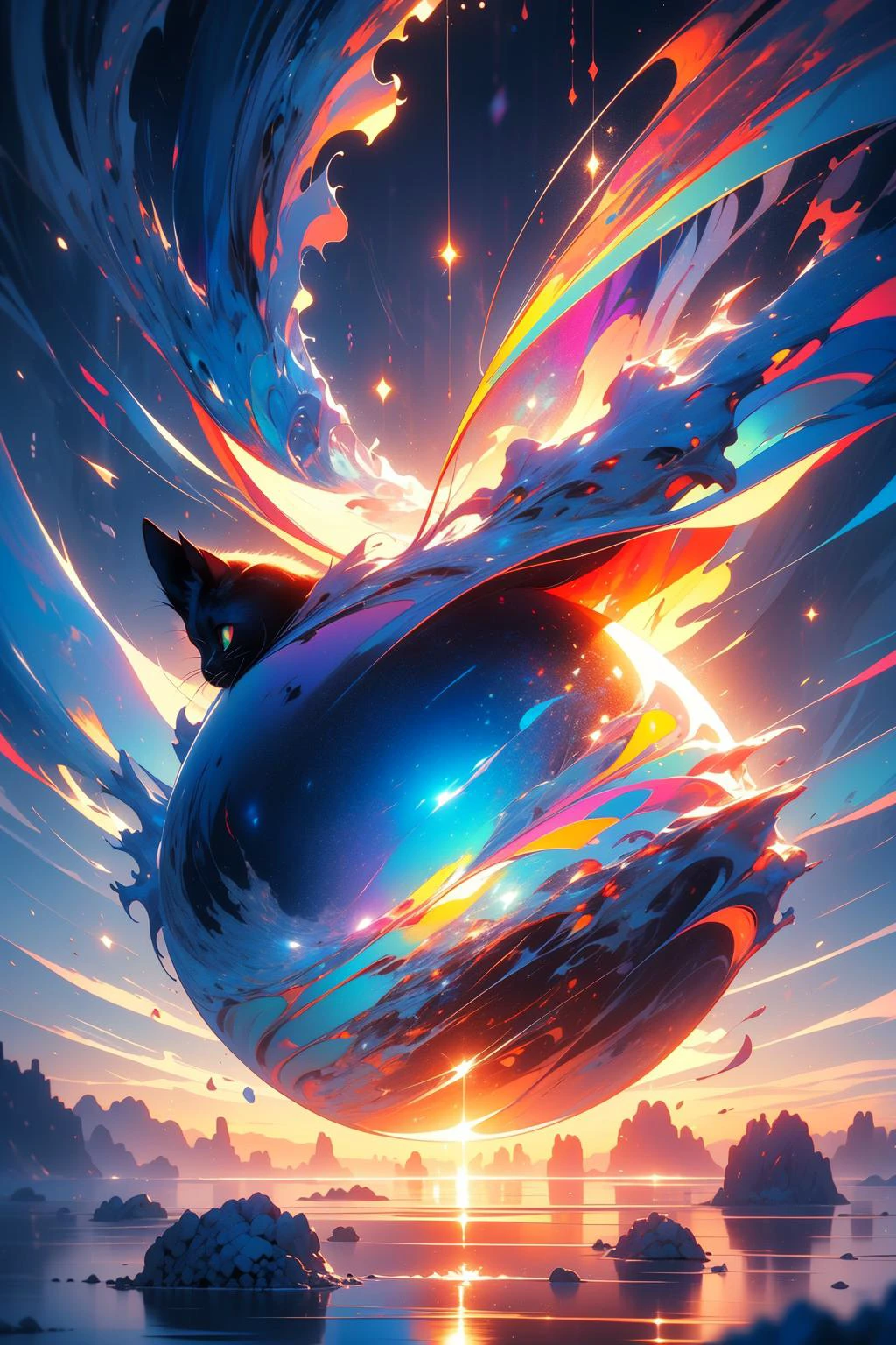 A colorful world, (in the shape of a cat) DreamlikeArt, Painting, Vibrant colors, surreal scenery, Abstract shapes, Fantastic landscape, Vivid imagination, Playful brushstrokes, Whimsical elements, Ethereal beauty, A kaleidoscope of shades, Happy brushstrokes, vibrant paint palette, Dreamlike atmosphere. (Best quality, 4K, 8K, A high resolution, Masterpiece:1.2), Ultra-detailed, (Realistic, Photorealistic, photo-realistic:1.37), hdr, hyper HD, Studio lighting.,<lora:EMS-1093-EMS:0.100000>