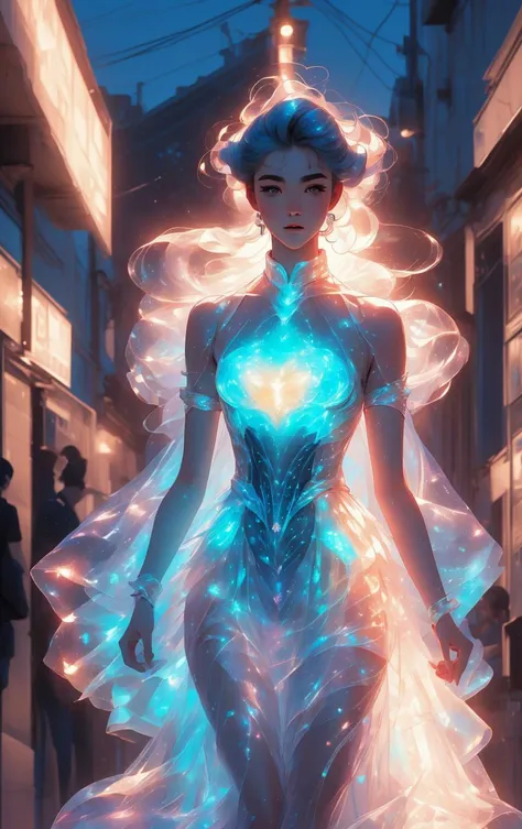 bioluminescent dress, Pinhole shot of a 40yo male (Daniel Gomes Azevedo:1.3), thin figure, Pompadour hair <lora:bioluminescent_dress-1.0:1>