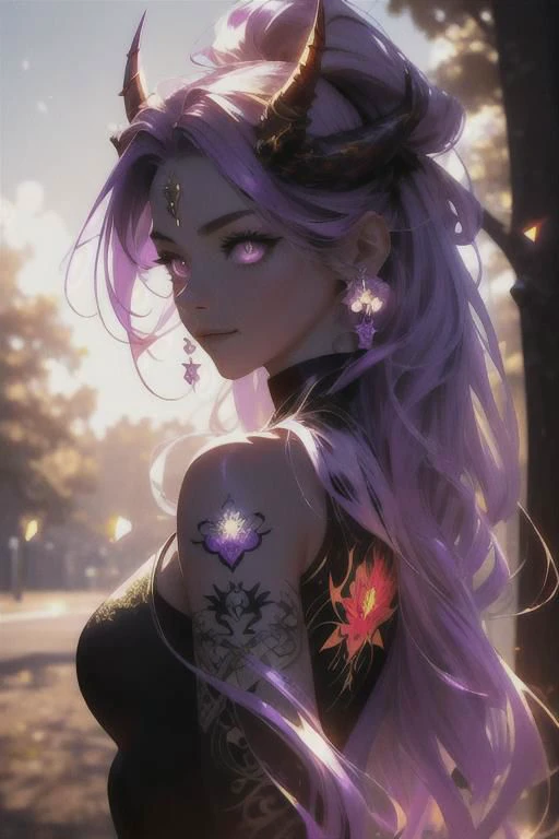 high quality. masterpiece, 8k, street, tree, road, tree canopy, upper body, face focus, 1girl, arrogant, mei, horns, long hair, (purple eyes:1.1), purple Amethyst hair, evil smile, big grin, golden red copper sliver tattoo black leggings, Amethyst laced glow tattoo black bodystockings, lace fractal red and golden glow enhanced skeleton Amethyst black tattoo bodysuit, red flower tattoo, long glow hair, glow golden earrings, red eyes, white face, tattoo mark mask tattoo, arrogant, she is standing, sunlit, weak lights and shadow, tree canopy, street, red flowers, evergreen, face focus,
