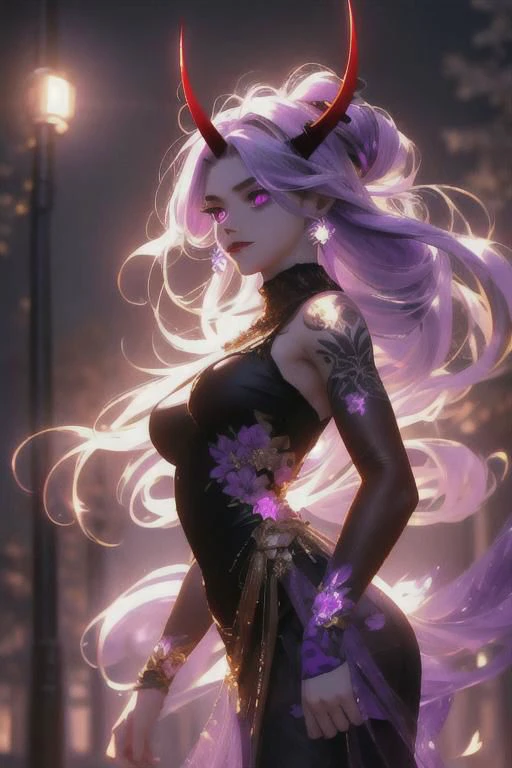 high quality. masterpiece, 8k, street, tree, road, tree canopy, upper body, face focus, 1girl, arrogant, mei, horns, long hair, (purple eyes:1.1), purple Amethyst hair, evil smile, big grin, golden red copper sliver tattoo black leggings, Amethyst laced glow tattoo black bodystockings, lace fractal red and golden glow enhanced skeleton Amethyst black tattoo bodysuit, red flower tattoo, long glow hair, glow golden earrings, red eyes, white face, tattoo mark mask tattoo, arrogant, she is standing, sunlit, weak lights and shadow, tree canopy, street, red flowers, evergreen, face focus,