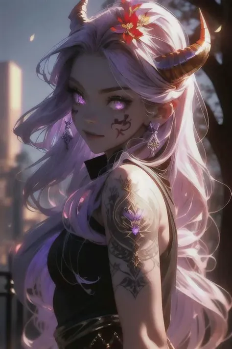 high quality. masterpiece, 8k, street, tree, road, tree canopy, upper body, face focus, 1girl, arrogant, mei, horns, long hair, (purple eyes:1.1), purple Amethyst hair, evil smile, big grin, golden red copper sliver tattoo black leggings, Amethyst laced glow tattoo black bodystockings, lace fractal red and golden glow enhanced skeleton Amethyst black tattoo bodysuit, red flower tattoo, long glow hair, glow golden earrings, red eyes, white face, tattoo mark mask tattoo, arrogant, she is standing, sunlit, weak lights and shadow, tree canopy, street, red flowers, evergreen, face focus,