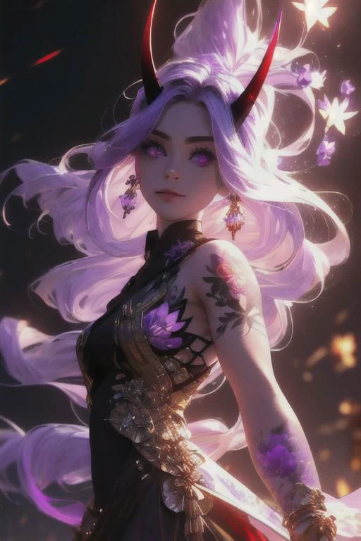 high quality. masterpiece, 8k, street, tree, road, tree canopy, upper body, face focus, 1girl, arrogant, mei, horns, long hair, (purple eyes:1.1), purple Amethyst hair, evil smile, big grin, golden red copper sliver tattoo black leggings, Amethyst laced glow tattoo black bodystockings, lace fractal red and golden glow enhanced skeleton Amethyst black tattoo bodysuit, red flower tattoo, long glow hair, glow golden earrings, red eyes, white face, tattoo mark mask tattoo, arrogant, she is standing, sunlit, weak lights and shadow, tree canopy, street, red flowers, evergreen, face focus,