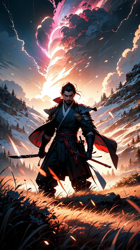 Isshin, the Sword Saint is a legendary warrior and the founder of the Ashina Clan. He awaits Sekiro in the great grass field where he first fought Genichiro Ashina, The field is covered with blood and corpses of soldiers who died in the battle. The sky is dark and stormy, and lightning flashes occasionally, the Black Mortal Blade, moon, dark theme, light, fantasy,
<lora:add_sharpness:0.5>