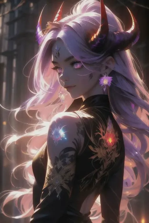 high quality. masterpiece, 8k, street, tree, road, tree canopy, upper body, face focus, 1girl, arrogant, mei, horns, long hair, (purple eyes:1.1), purple Amethyst hair, evil smile, big grin, golden red copper sliver tattoo black leggings, Amethyst laced glow tattoo black bodystockings, lace fractal red and golden glow enhanced skeleton Amethyst black tattoo bodysuit, red flower tattoo, long glow hair, glow golden earrings, red eyes, white face, tattoo mark mask tattoo, arrogant, she is standing, sunlit, weak lights and shadow, tree canopy, street, red flowers, evergreen, face focus,