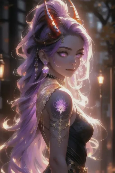 high quality. masterpiece, 8k, street, tree, road, tree canopy, upper body, face focus, 1girl, arrogant, mei, horns, long hair, (purple eyes:1.1), purple Amethyst hair, evil smile, big grin, golden red copper sliver tattoo black leggings, Amethyst laced glow tattoo black bodystockings, lace fractal red and golden glow enhanced skeleton Amethyst black tattoo bodysuit, red flower tattoo, long glow hair, glow golden earrings, red eyes, white face, tattoo mark mask tattoo, arrogant, she is standing, sunlit, weak lights and shadow, tree canopy, street, red flowers, evergreen, face focus,