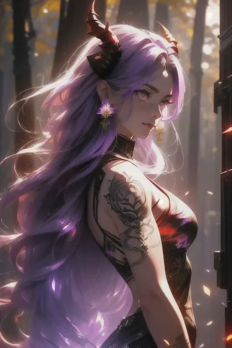 high quality. masterpiece, 8k, street, tree, road, tree canopy, upper body, face focus, 1girl, arrogant, mei, horns, long hair, (purple eyes:1.1), purple Amethyst hair, evil smile, big grin, golden red copper sliver tattoo black leggings, Amethyst laced glow tattoo black bodystockings, lace fractal red and golden glow enhanced skeleton Amethyst black tattoo bodysuit, red flower tattoo, long glow hair, glow golden earrings, red eyes, white face, tattoo mark mask tattoo, arrogant, she is standing, sunlit, weak lights and shadow, tree canopy, street, red flowers, evergreen, face focus,