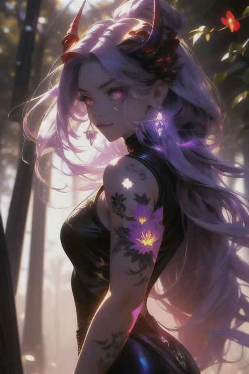 high quality. masterpiece, 8k, street, tree, road, tree canopy, upper body, face focus, 1girl, arrogant, mei, horns, long hair, (purple eyes:1.1), purple Amethyst hair, evil smile, big grin, golden red copper sliver tattoo black leggings, Amethyst laced glow tattoo black bodystockings, lace fractal red and golden glow enhanced skeleton Amethyst black tattoo bodysuit, red flower tattoo, long glow hair, glow golden earrings, red eyes, white face, tattoo mark mask tattoo, arrogant, she is standing, sunlit, weak lights and shadow, tree canopy, street, red flowers, evergreen, face focus,